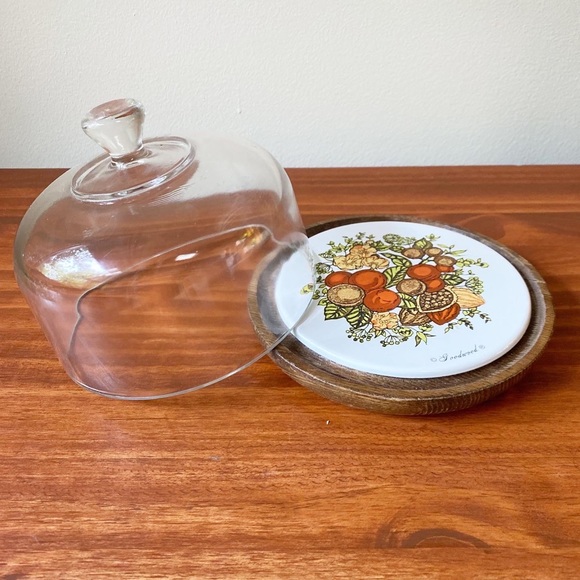 Vintage Goodwood Wood Glass Cloche Cheese Serving Tray Mid Century Party